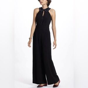 Anthropology, Elevenses Black Halter with beaded collar Jumpsuit size 2